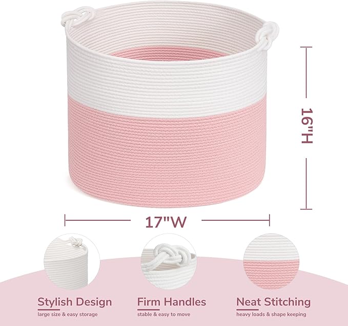 Goodpick 17"x16" Toy Storage for Kids, Home Décor Living Room, Decorative Blanket Basket for Girls Bedroom, Baby Laundry Basket With Handles, White & Pink