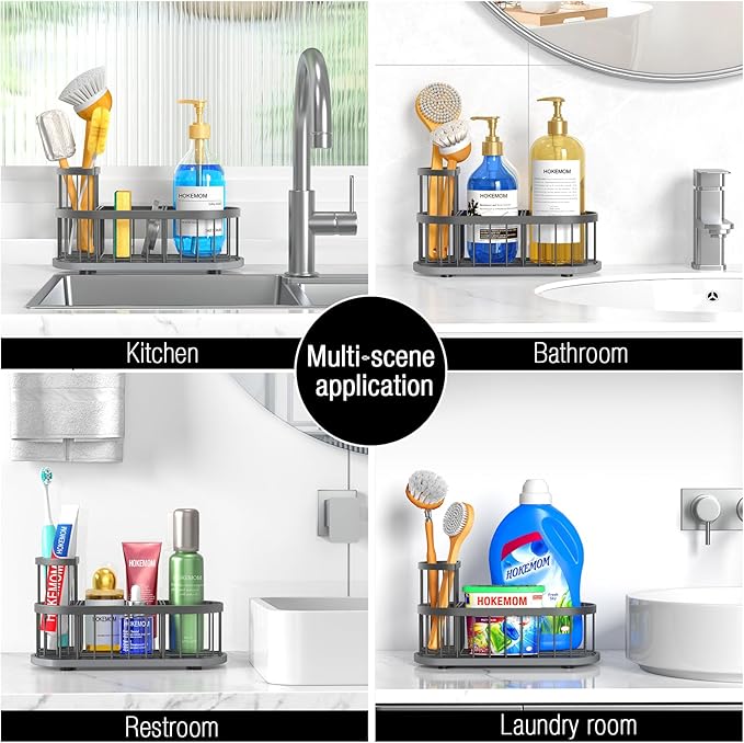 LARGE Kitchen Sink Caddy Organizer,[FLEXIBLE PLACEMENT & FAST-DRYING] Sponge Holder for Kitchen Sink Countertop with High Brush Holder-Rustproof 304 Stainless Steel-9.84"L x 4.72"W x 5.83"H