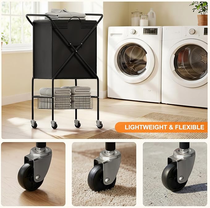 Laundry Basket with Wheels:88L Rolling Laundry Cart Foldable Metal Frame Dirty Clothes Laundry Hamper 36"H 4 Caster 2 Brake Waterproof Removable Liner Carry Handle for Dorm Laundry Room,Black