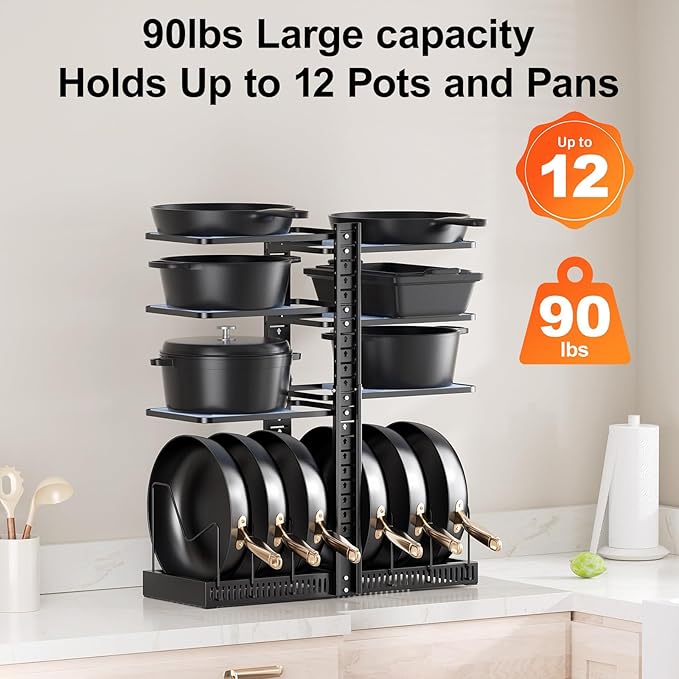 LAMU Pots and Pans Organizer under Cabinet, Expandable to 24" H Pan Organizers inside Cabinet for Kitchen Storage, 6 Adjustable Tiers and 6 Pot Lid Organizer Racks, Holds 12 Cast Iron Cookware Black
