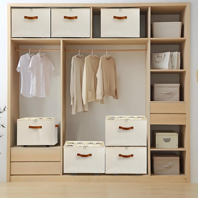 Shoe Organizer for Closet, 2 Pack Shoe Storage Organizer with Wheels and Adjustable Dividers, Stackable Shoe Storage Box with Clear Cover, Foldable Closet Shoe Organizer Fits up to 16-32 Pairs, Beige
