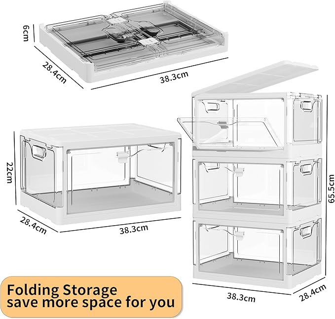 3-Pack 24 QT Clear Stackable Storage Bins with Lids & Magnetic Doors - Open Front Plastic Closet Organizers, Multifunctional Folding Storage for Bedrooms, Living Rooms, Study, and Kids' Toys