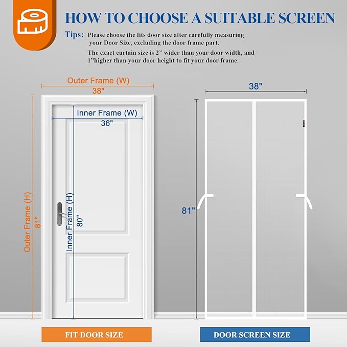 Magnetic Screen Door Mesh, Fits 36'' x 80'' Door, Tear-Resistant High-Density Fiber Material, Keep Annoying Creatures Out, Pet&Kids Friendly, Hands-Free Entry with Strong Magnets Auto-Closure, White