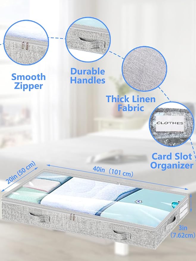 Low Profile Under Bed Storage, 3-Inch High Foldable Underbed Storage Bins with Lid & Zipper, No Structure, Super Slim Clothes Organizer for Crib Dorm Couch Low Bed, 4-Pack, Clear Top