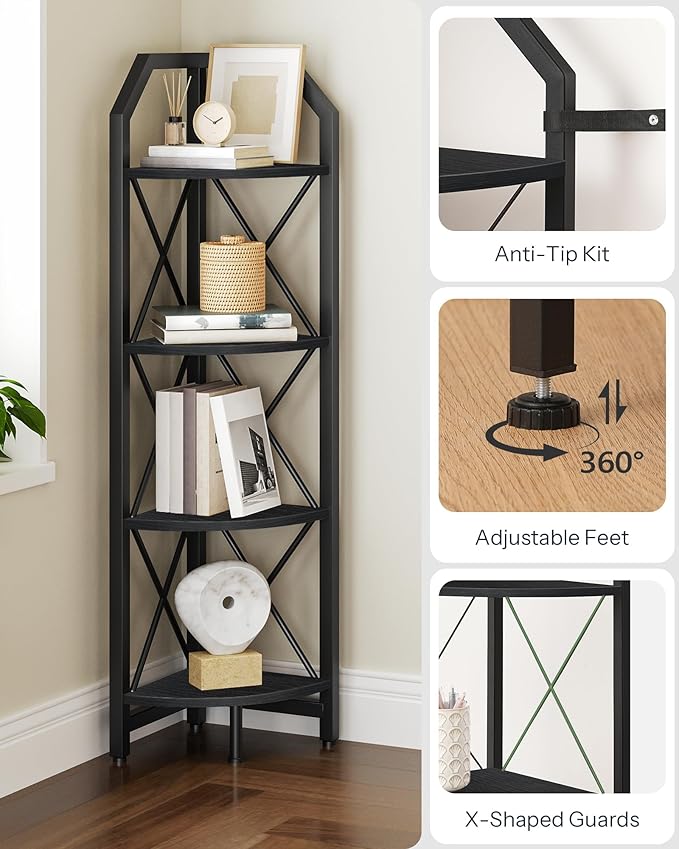 4-Tier Corner Shelf, Industrial Corner Bookshelf, 47.6" Corner Storage Stand, Plant Stand Display Shelf, Corner Bookcase for Bedroom, Living Room, Home Office, Black TCJ09BB