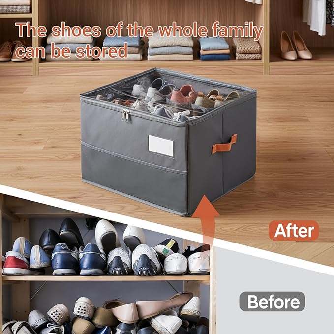 Shoe Organizer for Closet, Foldable Shoe Box Storage Containers with Clear Cover, Smooth Zipper, Reinforced Handles and Bottom Support, Space Saving Shoes Holder, Gray (1, Small)