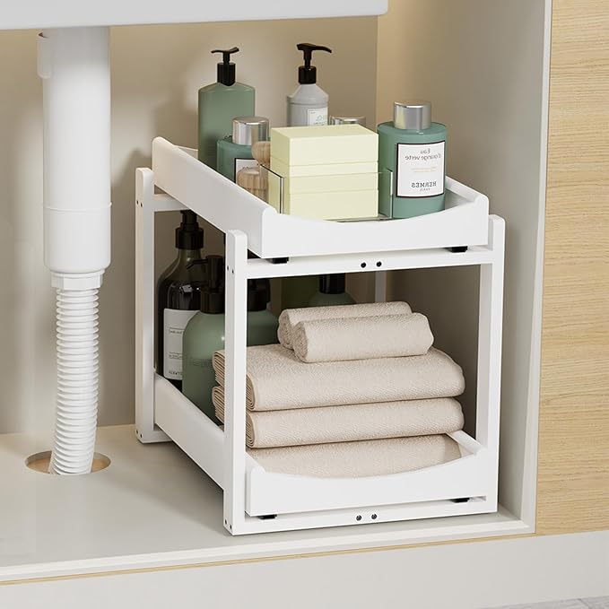 Bamboo Under Sink Organizer and Storage, 1 Pack Pull Out Cabinet Organization, 2 Tier Vertical Slide Out Undersink Storage Shelf, Multi-Purpose Organizer Shelves for Kitchen Bathroom Medicine, White