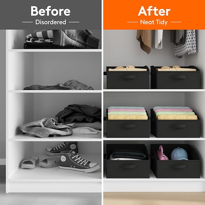 Lifewit Trapezoid Closet Storage Bins for Shelf, 6 Packs Non-woven Closet Organizer Baskets with Handles, Foldable Clothes Containers Boxes for Clothing, Book, Purse, 16L, Medium, Black