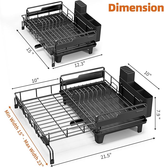 Dish Drying Rack - Extendable Dish Drainer, Large Dish Rack for Kitchen Counter, Rustproof Dish Strainer with Utensil Holder and Cups Holder, 1 Tier Black