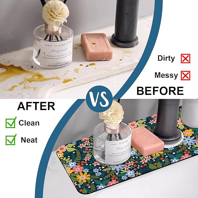Colorful Flower Sink Splash Guard Faucet Mat Flowers Leaves Super Absorbent Fast Drying Mat Sink Gadgets-Splash Guard Behind Faucet Drip Catcher for Kitchen Bathroom, 15.5"x5.5"