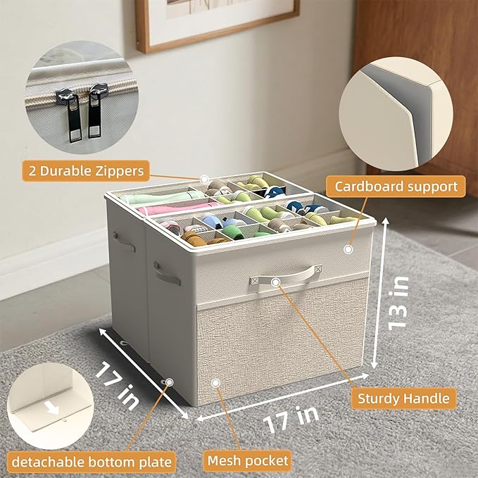 2 Pack Shoe Organizer for Closet, Clear Foldable Shoe Storage Containers Fits 14 Pairs,Shoe Storage Bins Baskets Boxes with Reinforced Handles Beige Shoes Organize
