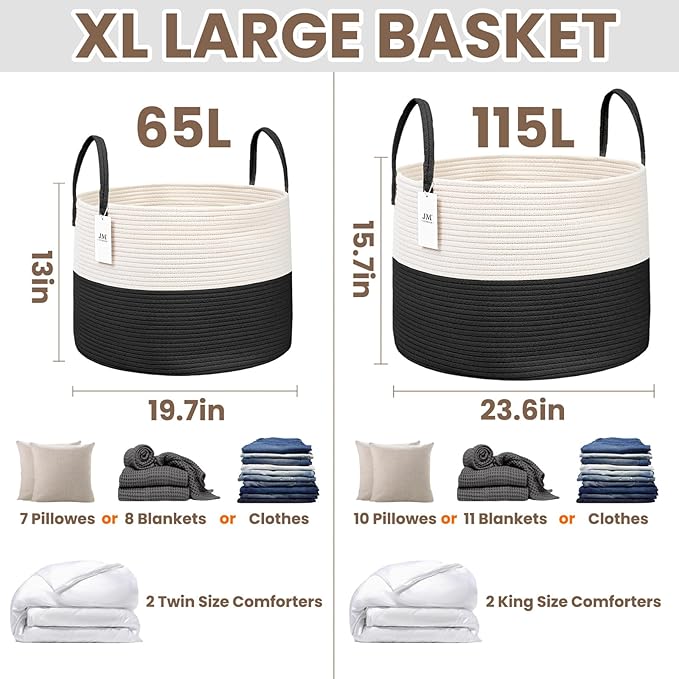 115L Extra Large Blanket Basket for Living Room - Woven Cotton Rope Laundry Hamper with Reinforced Handles - Storage Bin for Pillows, Comforters & Toys - Machine Washable,White&Black