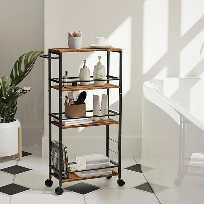 Slim Rolling Cart, 4-Tier Kitchen Storage Rolling Cart, Narrow Cart with Handle, Mobile Utility Cart for Small Space, Shelving Unit for Kitchen, Dining Room, Living Room, Home Office, Laundry Room