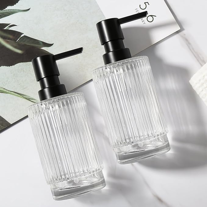 Glass Soap Dispenser with Pump, 2 Pack 11 fl oz Clear Hand Soap Dispensers for Bathroom, Ribbed Style Dish Soap Dispenser for Kitchen, Modern Refillable Liquid Soap Pump Bottle