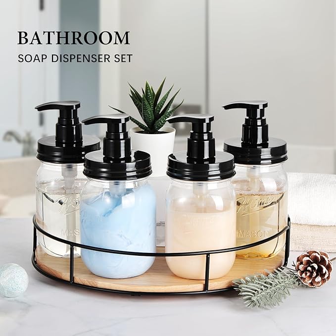 Amolliar Plastic Mason Jar Soap Dispenser with Pump Lid,16OZ Refillable BPA-Free Hand Soap Dispenser Set with Cute Lables - Farmhouse Decor for Kitchen/Bathroom,Liquid Soap,Dish Soap, Lotion (4 Pack)