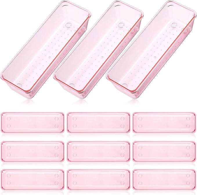 Maitys 12 Pcs Clear Drawer Organizer 9 x 3 x 2 Inches Plastic Rectangle Trays Makeup Vanity Storage Bins and Kitchen Drawers Dividers for Office Desk Silverware Kitchen Utensils(Pink)