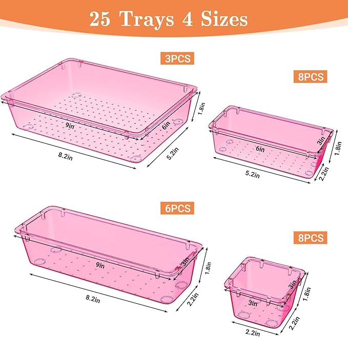 25 PCS Plastic Drawer Organizer Set, 4-Size Versatile Organizer Trays & storage Bins for Makeup, Jewelry, and Gadgets in Bathroom, Bedroom and Office, Clear Pink