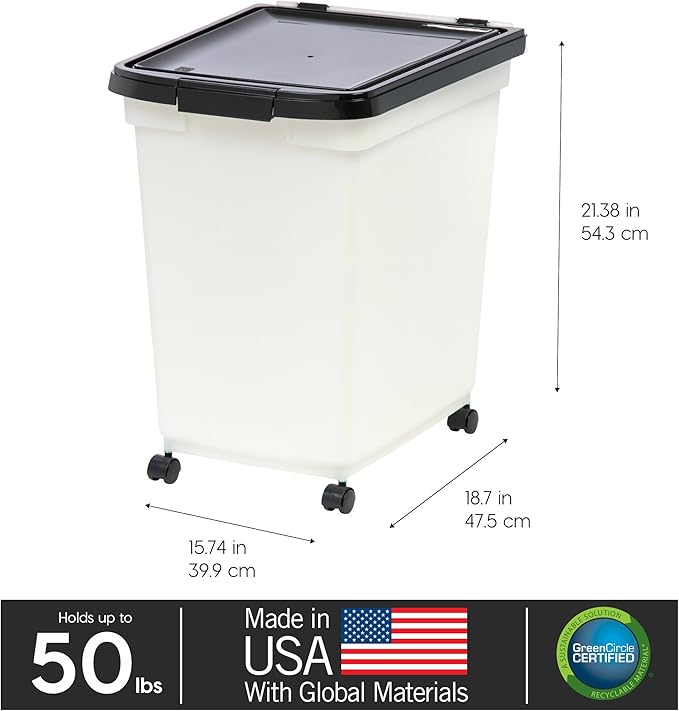 IRIS USA 50 Lbs / 65 Qt WeatherPro Airtight Pet Food Storage Container with Removable Casters, for Dog Cat Bird and other Pet Food Storage Bin, Keep Fresh, Translucent Body, Easy Mobility, Pearl/Black