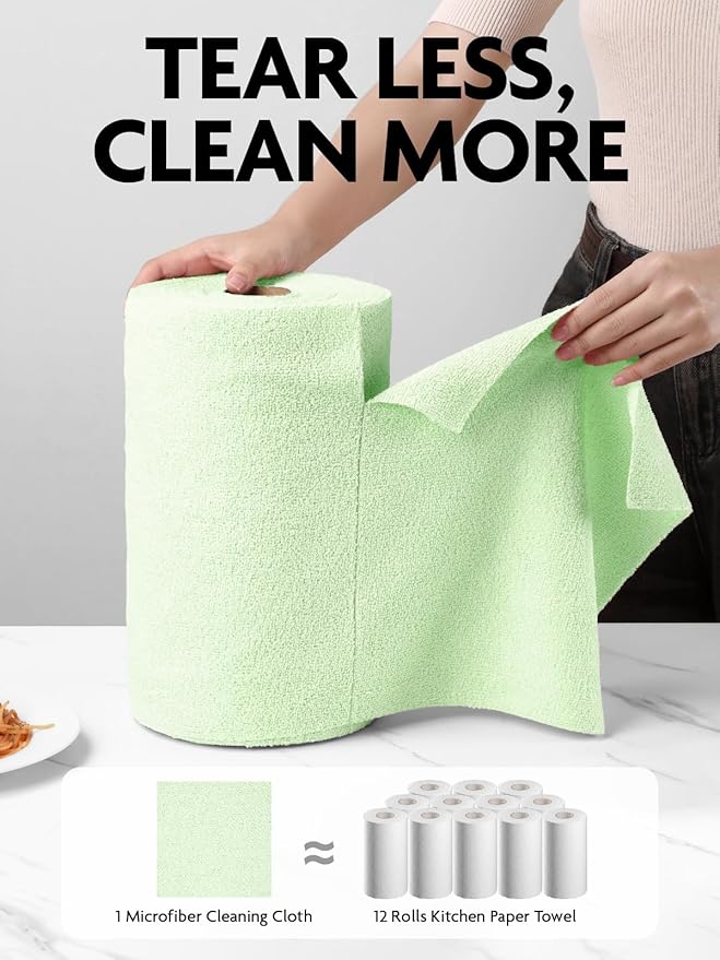 Fantasticlean Microfiber Cleaning Cloth Roll -75 Pack, Tear Away Microfiber Towels, 12" x 12", Reusable, Washable, Scratch Free, Ultra Absorbent Dishcloth for All-Around Cleaning Supplies (Green)