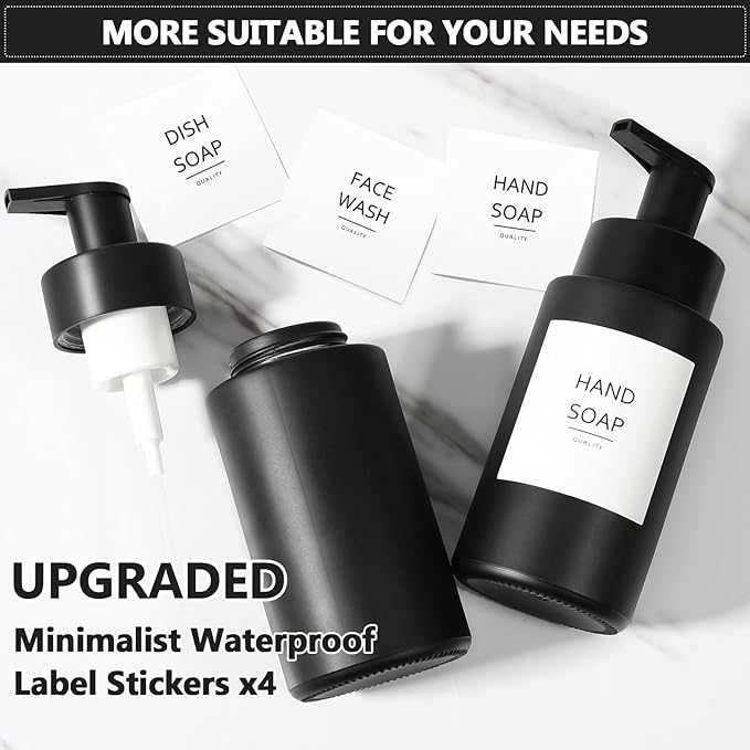 Matte Black Foaming Hand Soap Dispenser, 10 oz/300ml Glass Foam Dispenser, 2 Pcs Foaming Soap Dispenser for Bathroom, Black Refillable Pump with Waterproof Labels