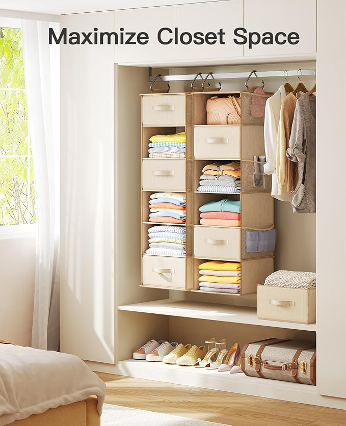 Pipishell 6-Shelf Hanging Closet Organizer, with 3 Detachable Drawers & Side Pockets, Closet Organizers and Storage for Bedroom, Garment Rack and Wardrobe Organization, Dorm Clothes Organizer, Beige