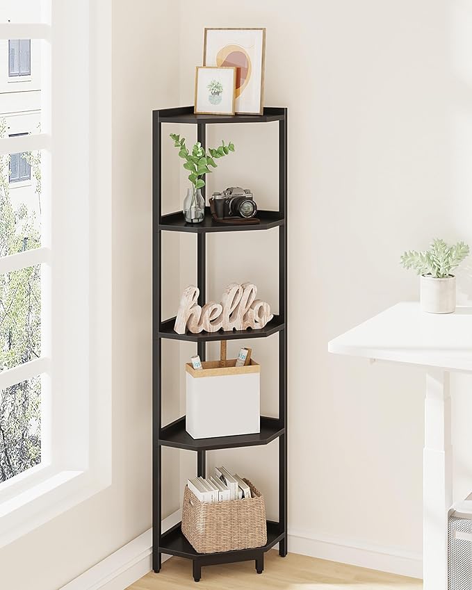 Corner Shelf Stand, Corner Bookshelf, Storage Standing Shelf Unit with Metal Frame, Plant Stand, Bookcase for Living Room, Home Office, Bedroom, 5-Tier Black CS05906B