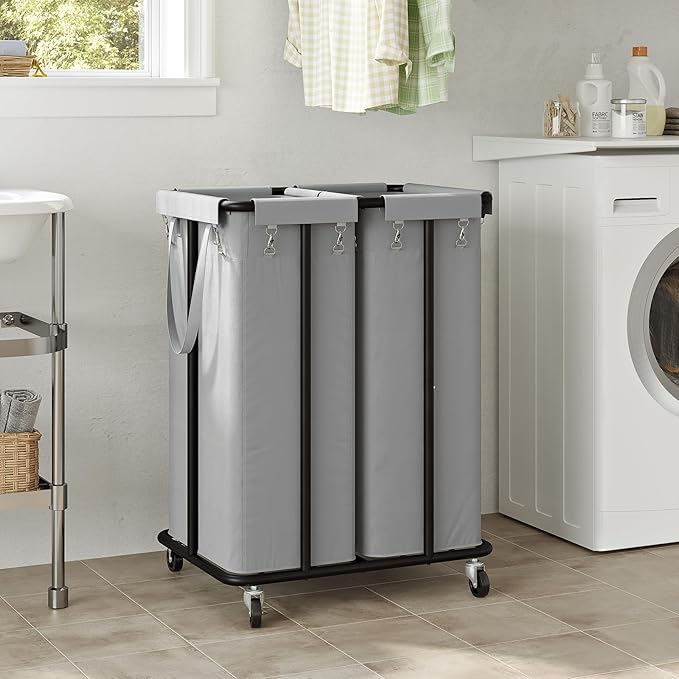 WOWLIVE Double Laundry Hamper with Wheels 170L Rolling Laundry Basket Organizer Laundry Cart with Steel Frame and Removable Bags Large Dirty Clothes Hamper Dorm Room Storage for Bedroom (Grey)