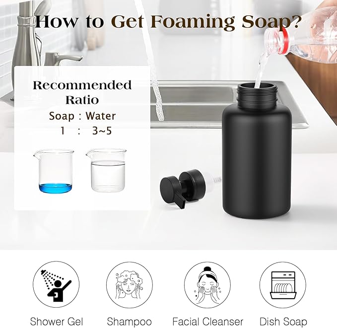 Luxspire Foaming Soap Dispenser, Glass Foam Pump Soap Dispenser, Non-Slip Silicone Sleeve & 5 Waterproof Labels, 15 Oz Refillable Liquid Bottle for Bathroom & Kitchen, Black+White, 2 Pack