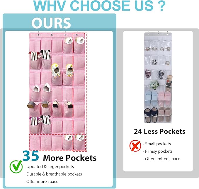 homyfort 35 Pockets Over the Door Shoe Organizer, Hanging Door Shoe Rack for Closet, Large Shoe Storage Holder Zapateras Organizer for Shoes (Pink)
