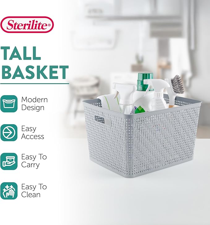 Sterilite 18 Pack Plastic Storage Bin Organization Containers, Tall Baskets, Cement