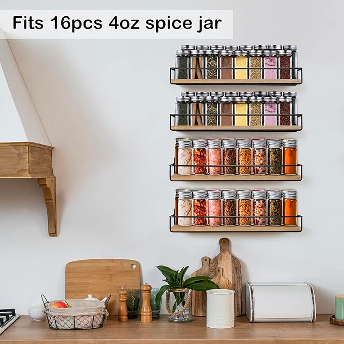 TJ.MOREE 4 Pack Spice Rack Wall Mounted Rustic Style Hanging Spice Organizer for Wall, Kitchen Spice Storage, Black