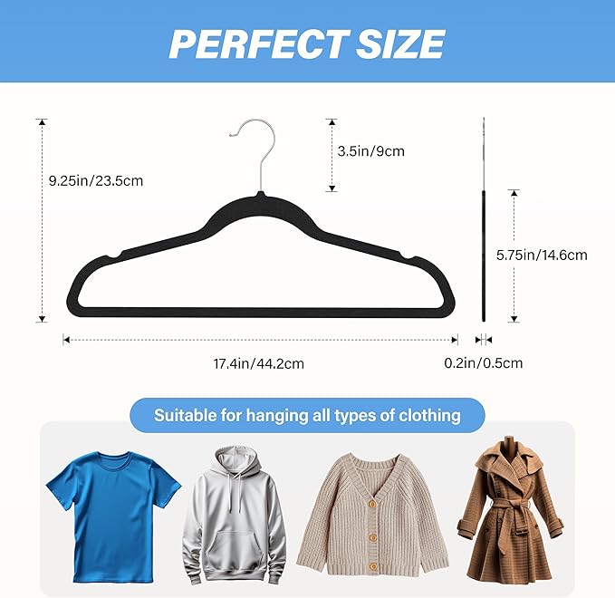 YSSOA Heavy Duty Velvet Hangers 50 Pack, 360° Swivel Hooks, Non-Slip Clothes Hangers with Shoulder Notches, Black