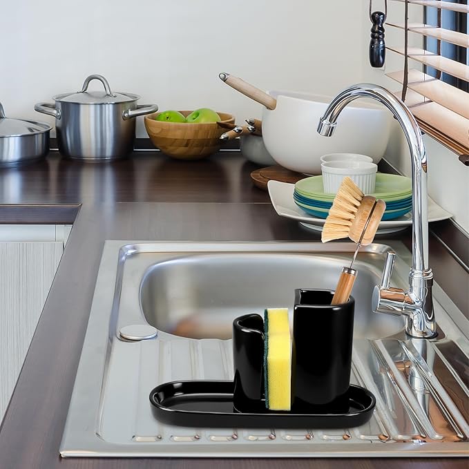 Geelin 3 in 1 Ceramic Kitchen Sink Caddy Dish Sponge Holder Scrub Brush Holder and Soap Tray for Kitchen Organizer Rustic Farmhouse Supplies(Black)