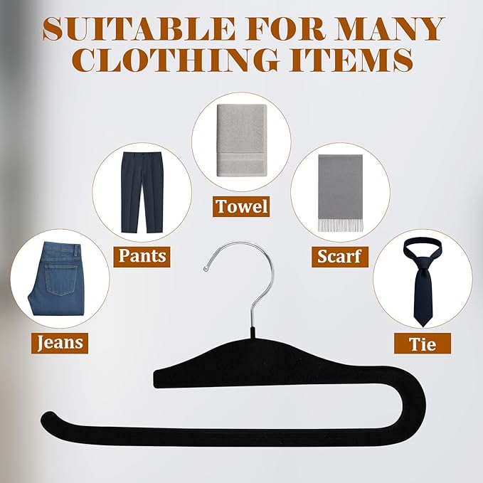 Velvet Hangers Non Slip,20 Pack Space Saving Pants Hangers,Thin Space Saving Clothes Hanger for Closet, Durable Heavy Duty Hanger with 360 Swivel Hook for Pants Towel Jeans(Black)