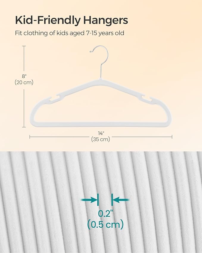 SONGMICS Kids Hangers 50 Pack, 14 x 8 Inches, Non-Slip Velvet Baby Hangers for Closet, Space-Saving, Wide Shoulder Notches, Cloud White UCRF038W01