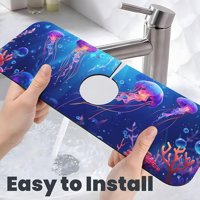 Faucet Draining Mat For Kitchen Sink, Ocean Jellyfish Corals Diatom Mud Absorbent Drain Pad For Bathroom Kitchen Sink Splash Guard Drying Mat