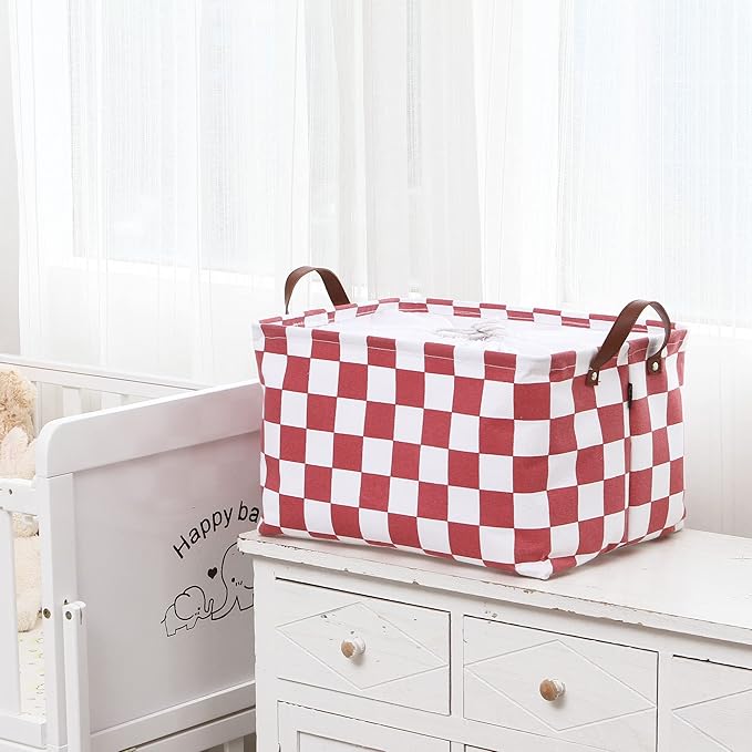 Hinwo Large Canvas Fabric Storage Basket with Handles, 33L/8.6-Gal Rectangle Bin, Collapsible Storage Box, Clothes, Toys, Blankets Organizer, 16.5 x 12 x 10 Inches (L, Red Checkerboard)