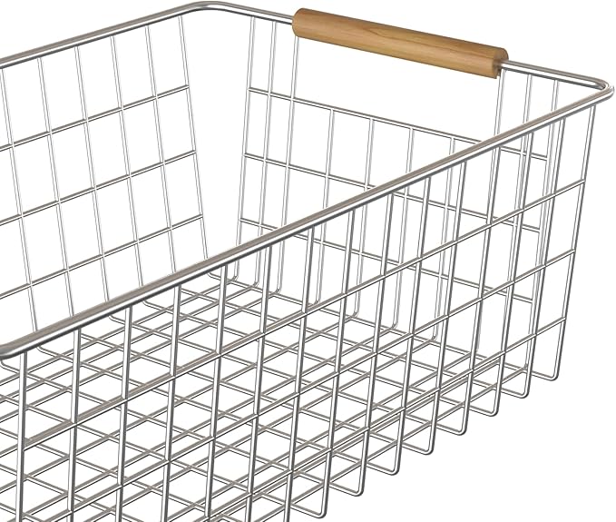 3 Pack Wire Storage Baskets for Organizing,Household Pantry Storage Freezer Baskets with Wooden Handles,Metal Storage Baskets for Bathroom, Laundry, Garage，Sliver