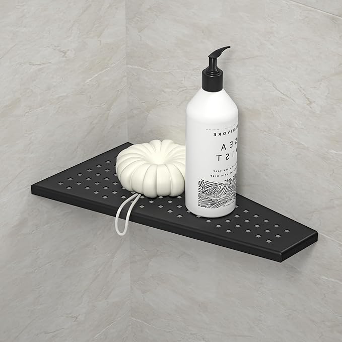 Bernkot Corner Shower Shelf, Matte Black 12" Trapezoid Grout in Shampoo Shelf, 304 Stainless Steel Grid Design Recessed Bathroom Shelf for Tiled Wall