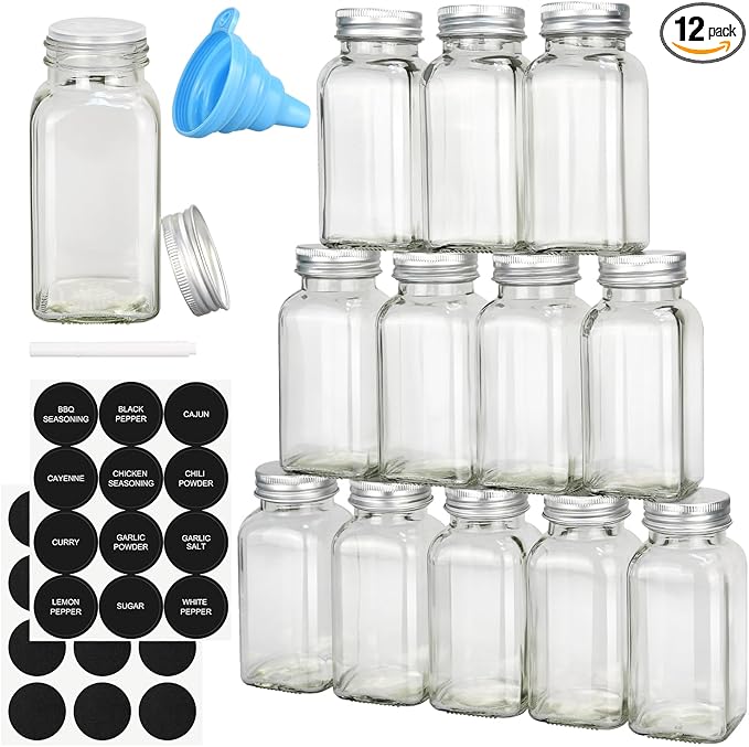 DkOvn 12pcs Glass Spice Jars, 4oz Empty Spice Jars with Metal Caps, Labels, Shaker Lids, Collapsible Funnel, Chalk Pen, Seasoning Organizer for Spice Rack