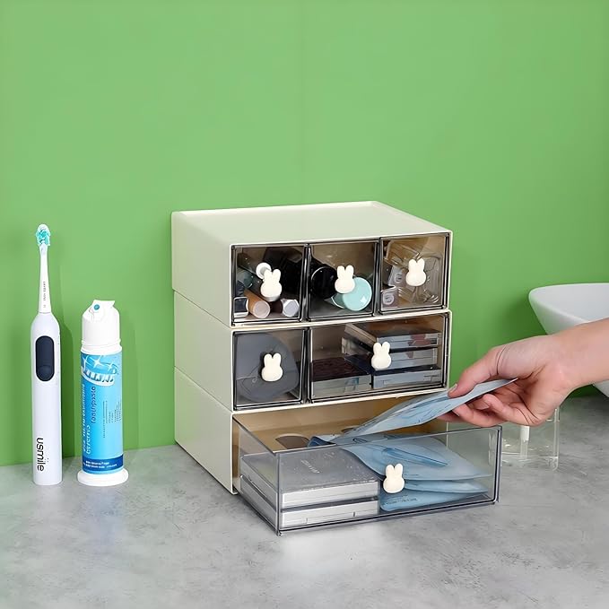 Desktop Storage Drawers, Plastic Desk Organizer with 1 Large Drawer, Modular Stackable Toolbox Units for Office Stationary, Makeup Container, Bathroom Countertop (1 Tall Layer, Cream & Clear)