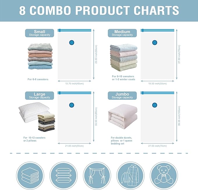 Cozy Essential 8 Pack Vacuum Storage Bags, Space Saver Bags (2J/2L/2M/2S) Compression Storage Bags for Comforters and Blankets, Pillow, Bedding, Vacuum Sealer Bags for Clothes Storage