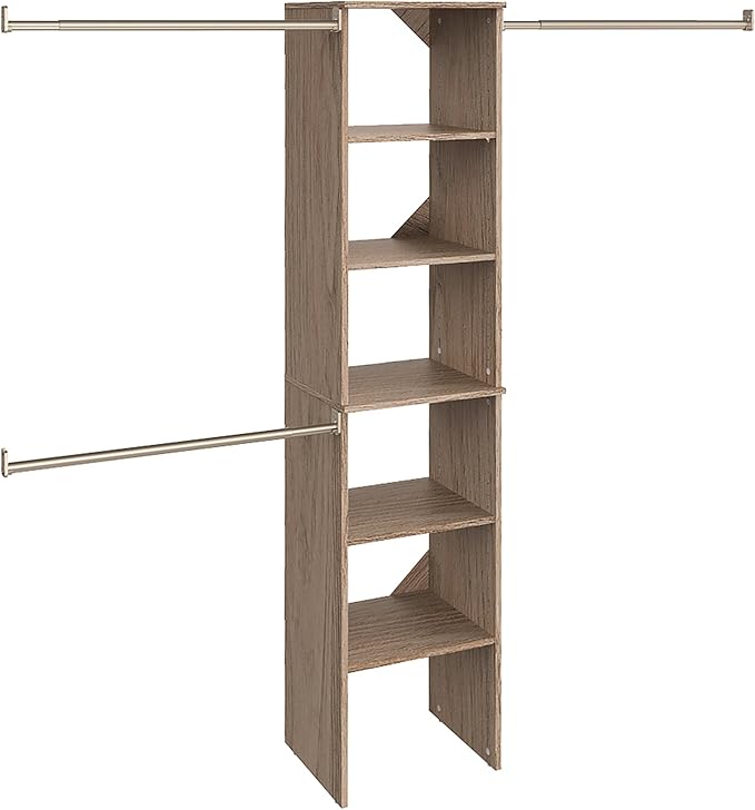 ClosetMaid SuiteSymphony Wood Closet Organizer Starter Kit with Tower and 3 Hang Rods, Shelves, Adjustable, Fits Spaces 4 – 9 ft. Wide, Natural Gray