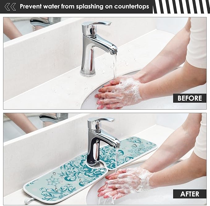 Sink Faucet Absorbing Mat Kitchen Sink Splash Guard Splash Faucet Drip Catcher for Bar RV Bathroom 2PCS 23.6x5.5in Lavender Flowers Teal Mandala Purple