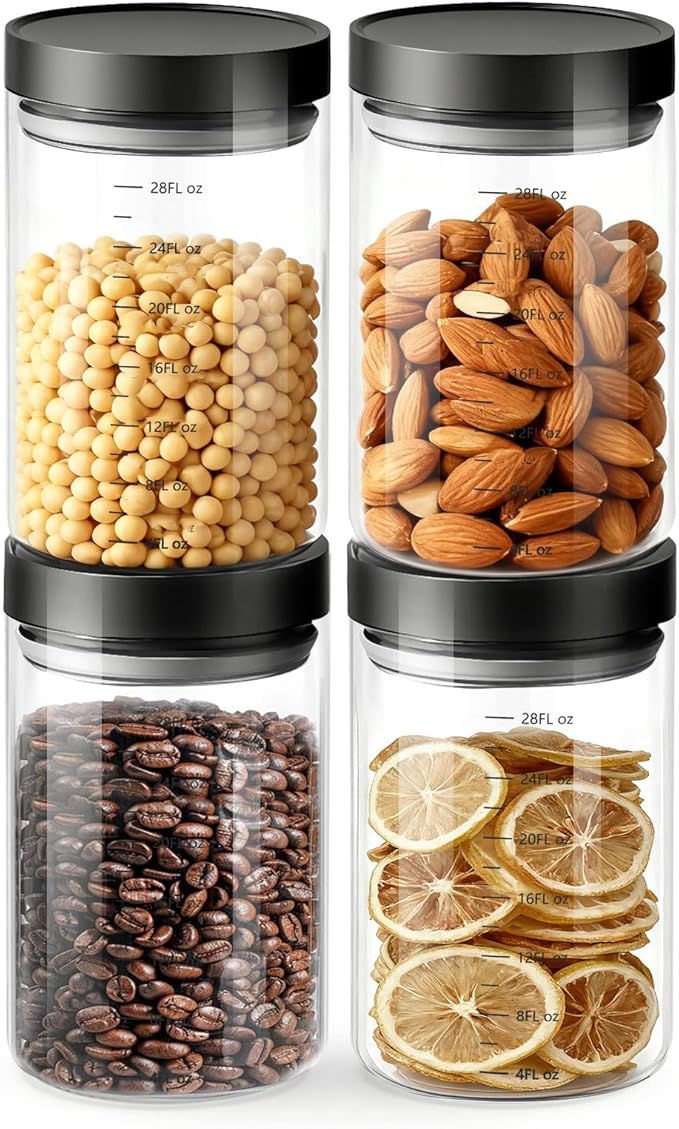 Danbark Set of 4 30oz Airtight Glass Storage Canisters with Lids - Pantry Organizers and Storage Glass for Kitchen - for Pantry, Flour, Sugar, Coffee, Tea, Pasta, Rice, and Snacks - Black