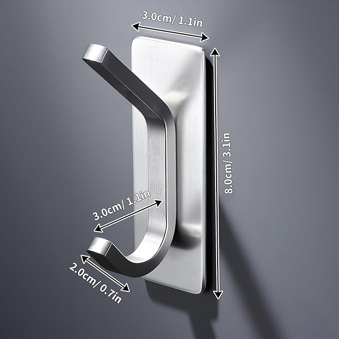 DELITON Adhesive Towel Hooks for Bathroom - 4 Pack Heavy Duty Stick on Wall Hooks, Waterproof Robe/Coat Hangers for Kitchen, Shower (Silver, Stainless Steel)