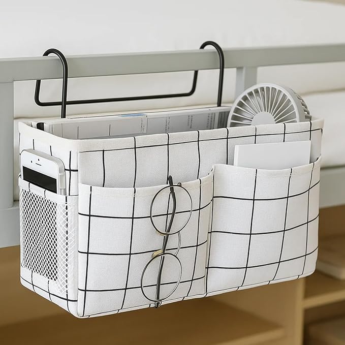 Bedside Caddy Organizer Hanging Storage Basket with Large Pockets & Hooks, Heavy-Duty Canvas Bedside Organizer for Bunk Beds, Dorm Rooms, Hospital Beds & Small Spaces (White Grid Pattern)