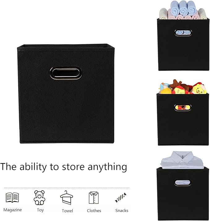 Fabric storage bins Cubes, Fabric Cube Organizer with Handle, Foldable Cube Bins for Cloth or Accessary Storage, 11x11x11, Set of 12, (Black)