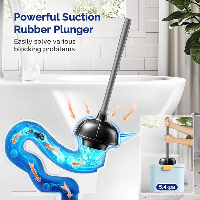 HAMITOR Toilet Plunger and Brush Set for Bathroom Cleaning with Extented Handle - Heavy Duty Toilet Plunger Combo Accessories with Caddy Stand Holder for Small Space - Gray