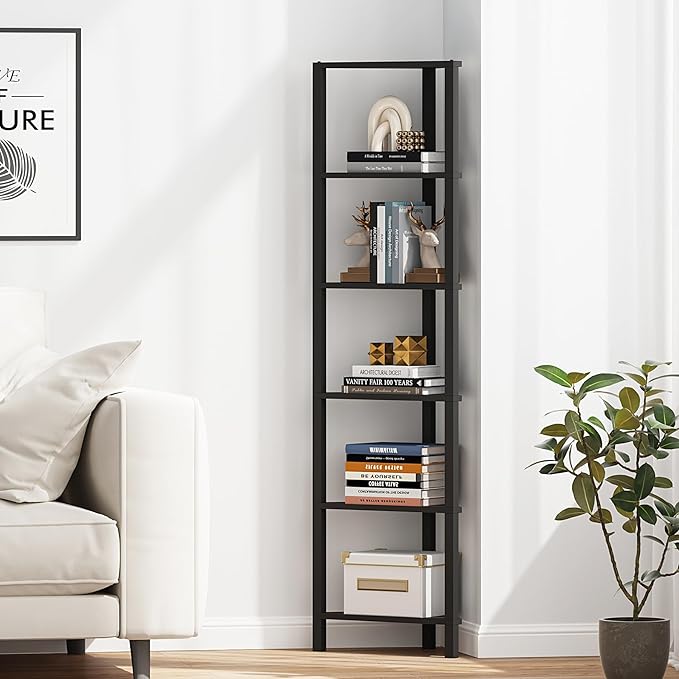 TUTOTAK Corner Shelf, 6-Tier Corner Bookshelf for Small Space, Narrow Display Corner Shelf Stand with Storage Rack, for Living Room, Bedroom, Black BS05BK006